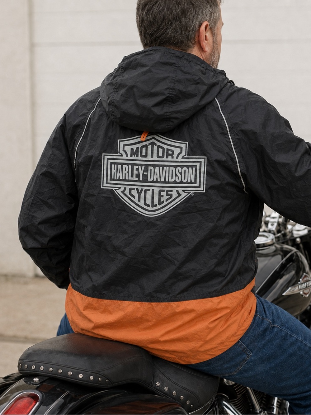 Harley-Davidson Canal Street Rain Jacket Mens L Black Orange Packable Biker Moto